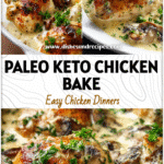 Baked paleo chicken with mushrooms in a creamy keto sauce garnished with fresh parsley.